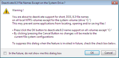 The LFNAlias Disable 8.3 Names on All Except the System Drive Dialog